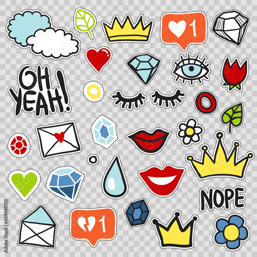 Set of vector patch fashion elements. Hand drawn cute and funny fashion illustration patches or stickers kit. Modern doodle pop art sketch badges and pins.