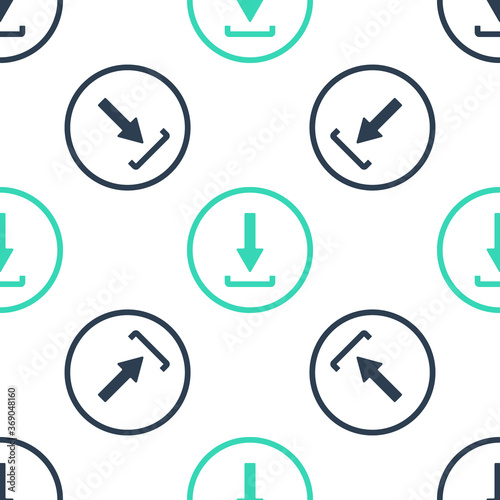 Green Download icon isolated seamless pattern on white background. Upload button. Load symbol. Arrow point to down. Vector.