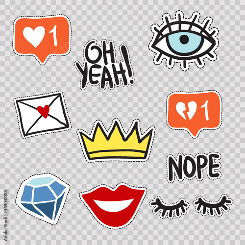 Set of elements: dislike, like, lowered lashes, nope phrase, oh yeah phrase, blue eye, king crown, love mail, smile lips, blue diamond. Vector hand drawn cute and funny patches or stickers kit.