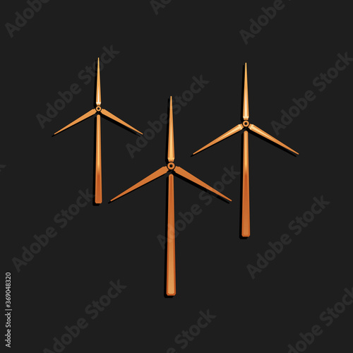 Gold Wind turbine icon isolated on black background. Wind generator sign. Windmill silhouette. Windmills for electric power production. Long shadow style. Vector.