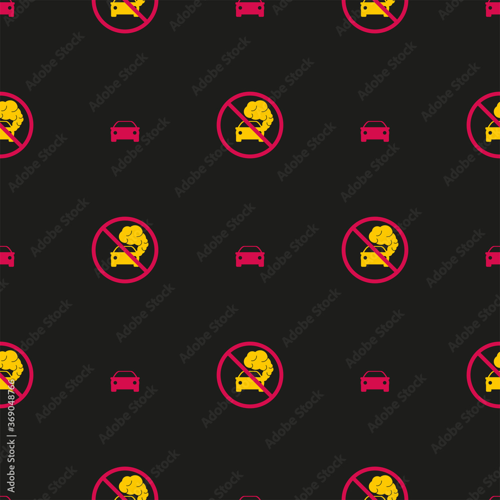 Seamless pattern. Print for clothes. Patterns for packaging. Car icon with exhaust gases. Exhaust fumes. Environmental pollution. Smog