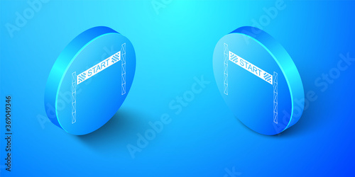 Isometric Starting line icon isolated on blue background. Start symbol. Blue circle button. Vector. © mingirov