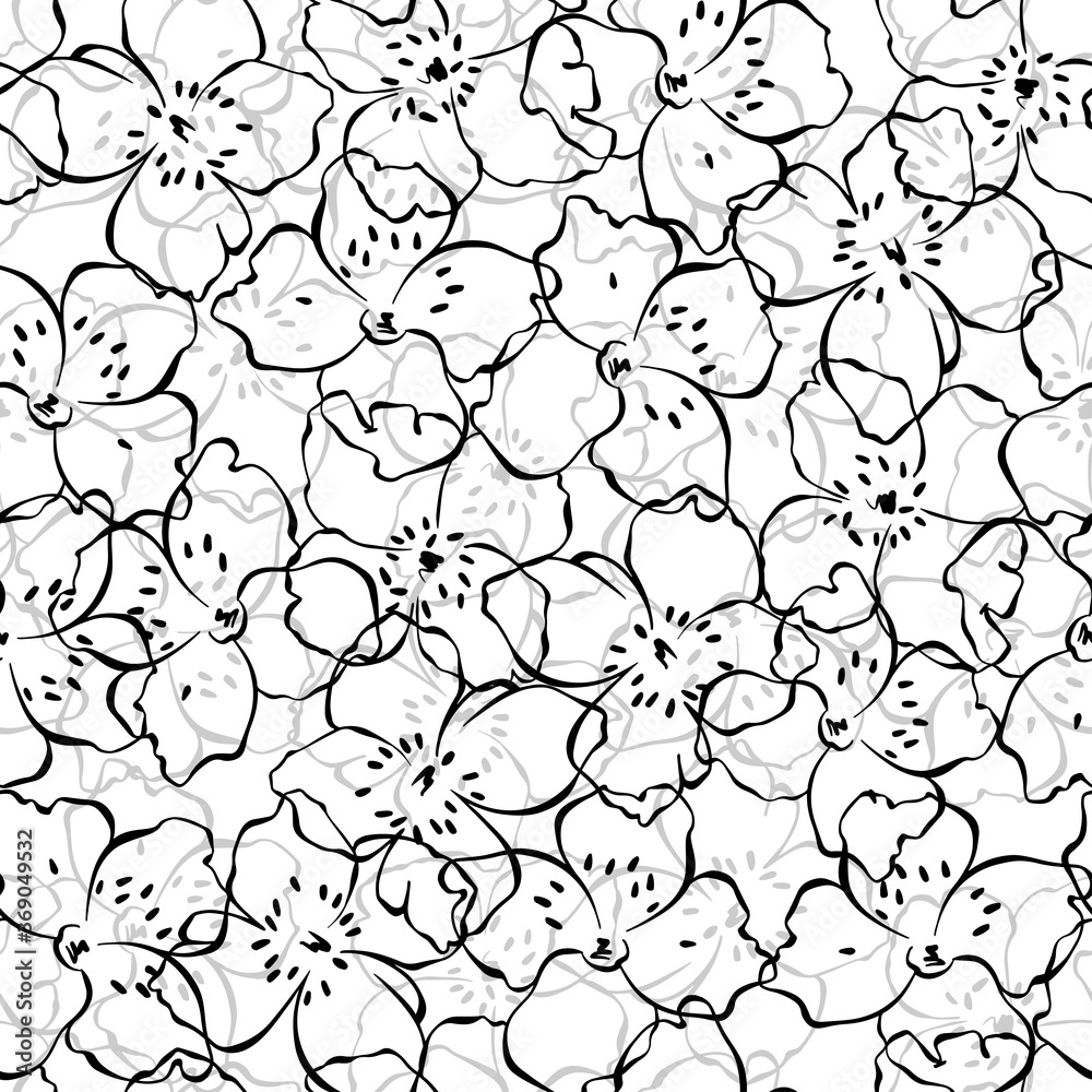 Seamless pattern with flowering jasmine branches on white background. Floral vector background. Line art. Monochrome.