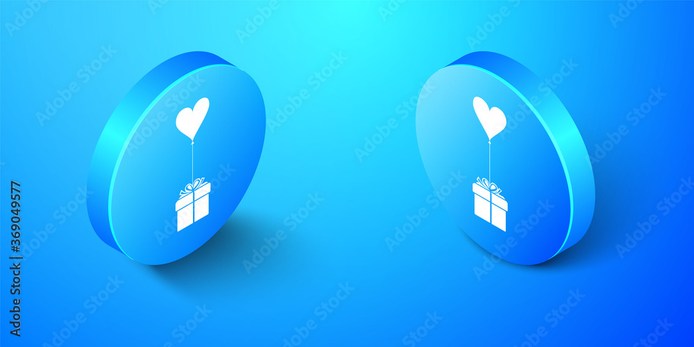 Isometric Gift with balloon in shape of heart icon isolated on blue background. Valentine's day, wedding, birthday card. Blue circle button. Vector. Isometric Gift with balloon in shape of heart icon isolated on blue background. Valentine's day, wedding, birthday card. Blue circle button. Vector.
