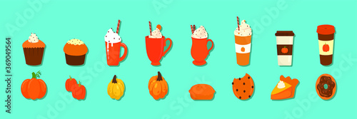 Pumpkin spice. Various tasty stuff. Colored vector set on blue background