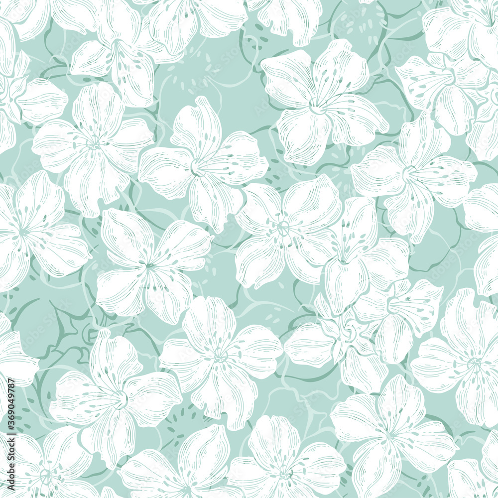 Seamless pattern with flowering jasmine branches on white background. Floral vector background. Monochrome.