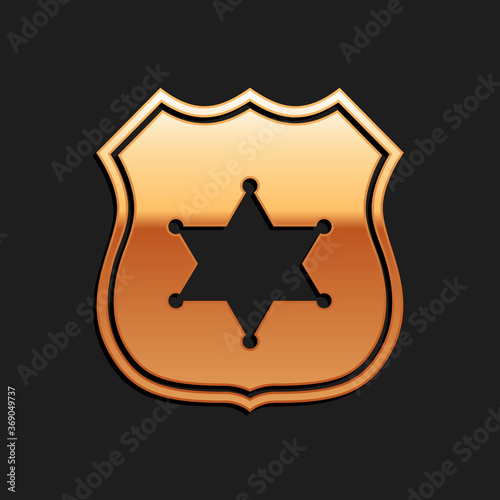 Gold Police badge icon isolated on black background. Sheriff badge sign. Long shadow style. Vector.