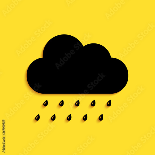Black Cloud with rain icon isolated on yellow background. Rain nimbus cloud precipitation with rain drops. Long shadow style. Vector.