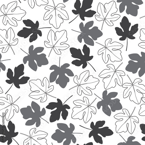 Fig tree leaves. Seamless vector pattern on white. Monochrome. Floral background.