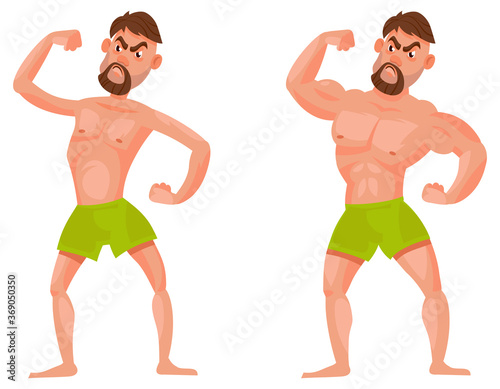Man before and after going to gym. Male character showing muscles.
