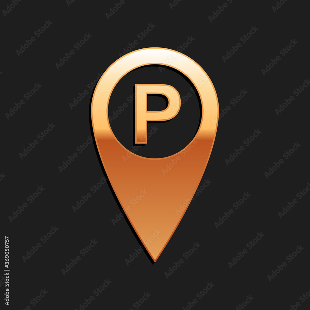 Gold Map pointer with car parking icon isolated on black background. Long shadow style. Vector. Gold Map pointer with car parking icon isolated on black background. Long shadow style. Vector.
