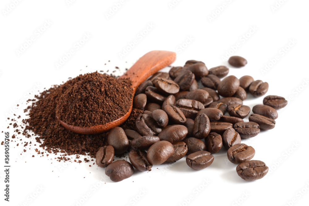 Close up,Coffee beans and ground coffee isolated on white background,copy space. Close up,Coffee beans and ground coffee isolated on white background,copy space.