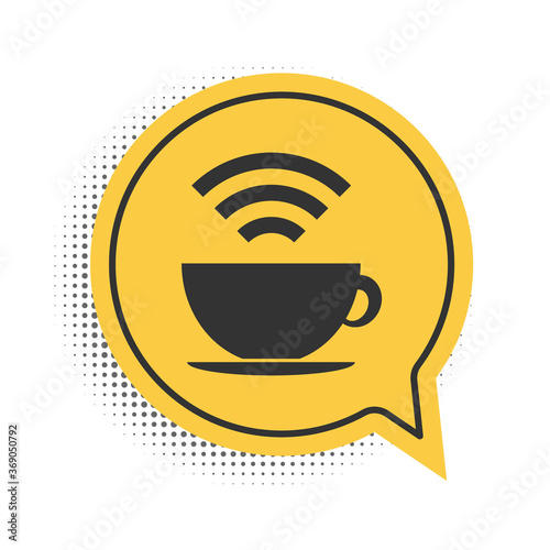 Black Cup of coffee shop with free wifi zone icon isolated on white background. Internet connection placard. Yellow speech bubble symbol. Vector.