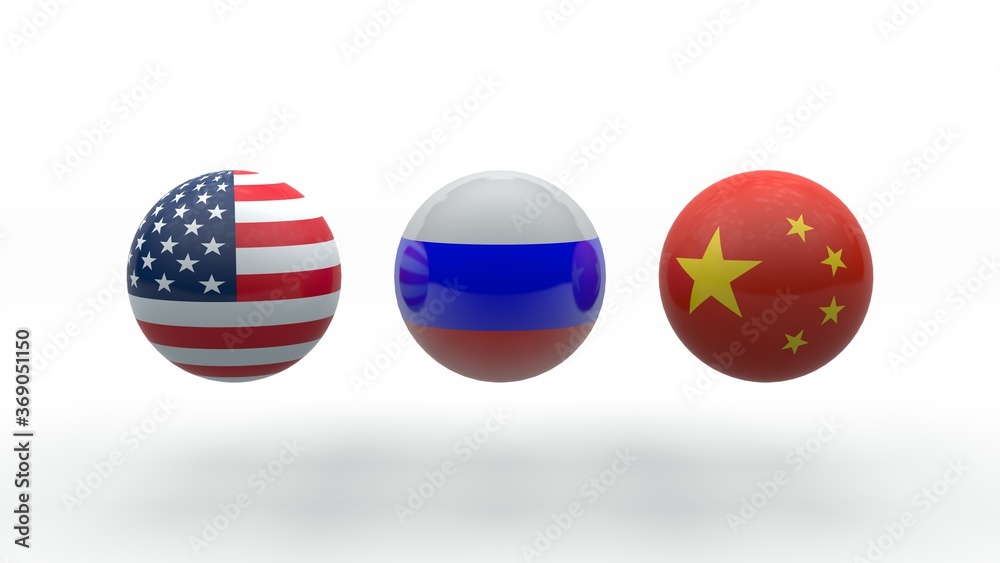 3D rendering of three spheres symbolizing China, Russia and the United States. The idea of a political and economic confrontation between superpowers. 3D rendering of three spheres symbolizing China, Russia and the United States. The idea of a political and economic confrontation between superpowers.