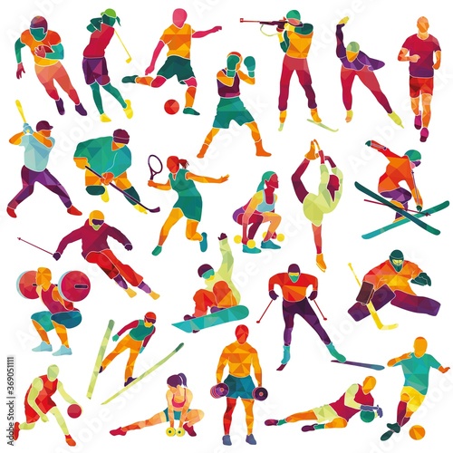 Big set with colorful sportsmen's. Football, basketball, hockey, soccer, golf, tennis, biathlon, snowboarding, skating, ice skiing, figure, freestyle. Vector illustration