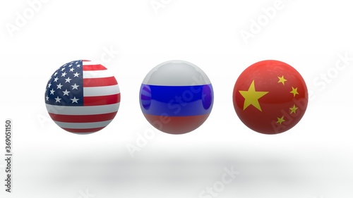 3D rendering of three spheres symbolizing China, Russia and the United States. The idea of a political and economic confrontation between superpowers.