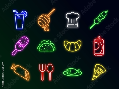 Foods and Drinks line glow neon icons style 3 vol 2