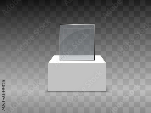 Realistic glass box or container on a white stand .Vector illustration.