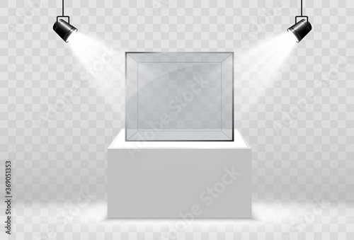 Realistic glass box or container on a white stand .Vector illustration.