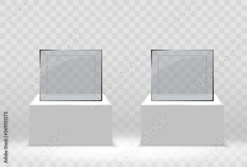 Realistic glass box or container on a white stand .Vector illustration.