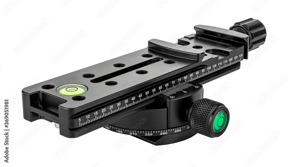 Quick release nodal slide rail mounted on rotary panoramic tripod head isolated on white background. Panoramic shooting equipment Quick release nodal slide rail mounted on rotary panoramic tripod head isolated on white background. Panoramic shooting equipment