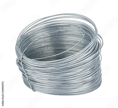 Coil of thin steel galvanized wire isolated on white background