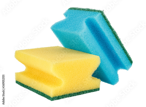 Two unused color sponges for washing dishes isolated on white background photo