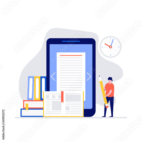 Media book library vector illustration concept with characters. Modern flat style for landing page, mobile app, poster, flyer, template, web banner, infographics, hero images