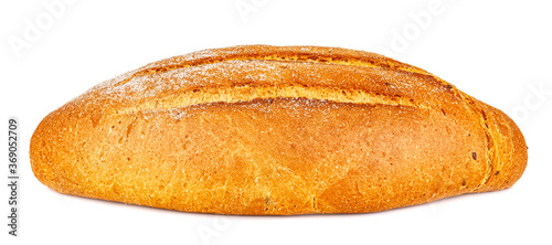 Side view of whole loaf of freshly baked rye bread isolated on white background