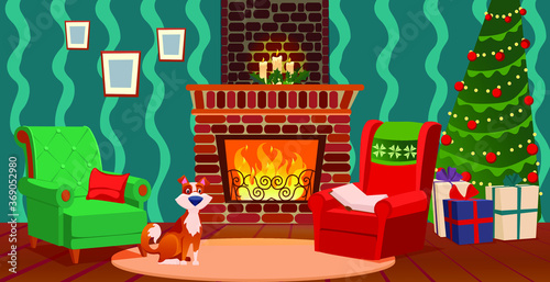 christmas interior , living room with a festive Christmas tree, fireplace, gifts,two armchairs and a dog