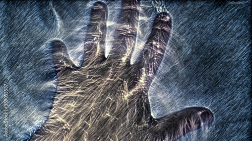 3D-Illustration of a glowing human male hand with a kirlian aura showing symbols