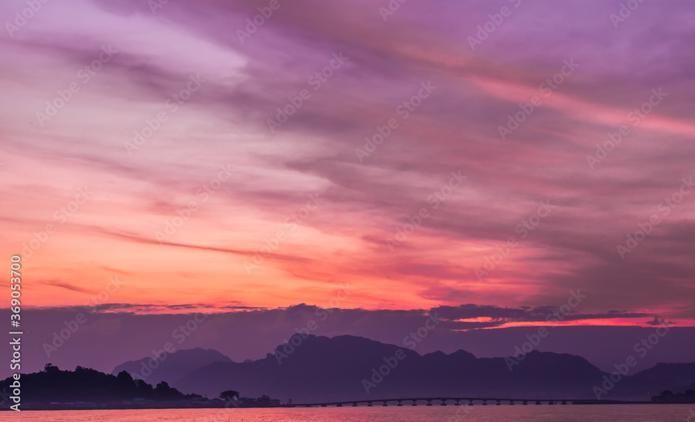 Fototapeta premium Seascape in the morning. Colorful of sunrise dramatic sky scenery background. Natural seascape and landscape in the Thailand.