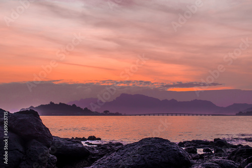 Seascape in the morning. Colorful of sunrise dramatic sky scenery background. Natural seascape and landscape in the Thailand.