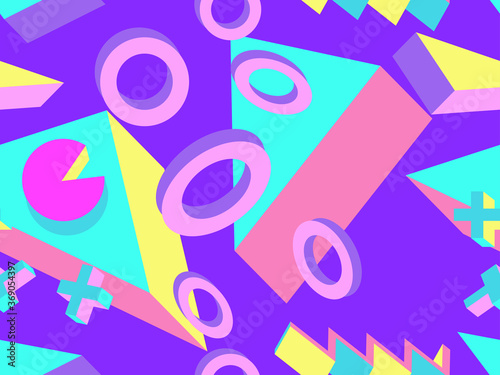 Seamless pattern 3d isometric geometric shapes in memphis style 80s. Background for promotional products, wrapping paper and printing. Vector illustration