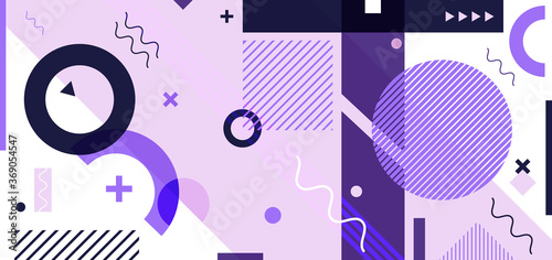 Abstract minimal geometric pattern purple memphis style white background.