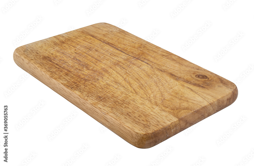 Old grunge wooden kitchen cutting board isolated on white