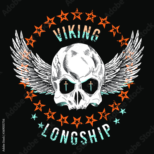 viking longship - Design of a viking skull with wings in a circle of stars and letters on a black background.
