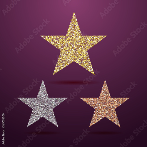 Stars shape logotype set. Isolated abstract graphic design template. First  second  third places. Decorative shiny signs  metallic colors collection. Cup elements. Creative number 1  2 and 3 symbols.