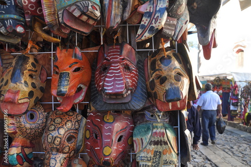 Street Seller of Traditional Costa Maya Mexico - Colorful Mayan Masks.