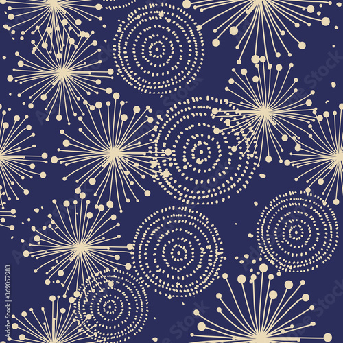 Seamless pattern from fireworks on dark sky. Vector background with festive fireworks for holiday, new year party, christmas, birthday, carnival, Independence day.