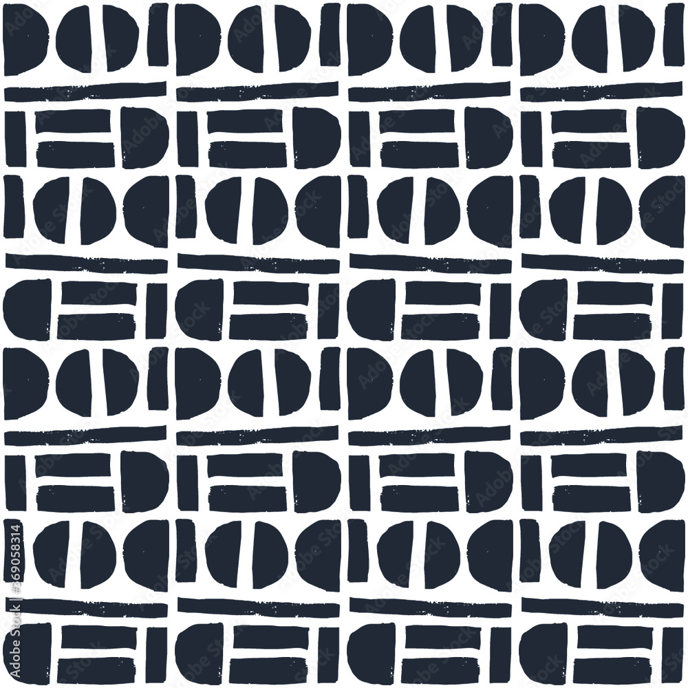 Fototapeta premium Abstract seamless pattern of hand drawn geometric elements, semicircles, circles, lines, rectangles. Repeating grunge texture for textile.