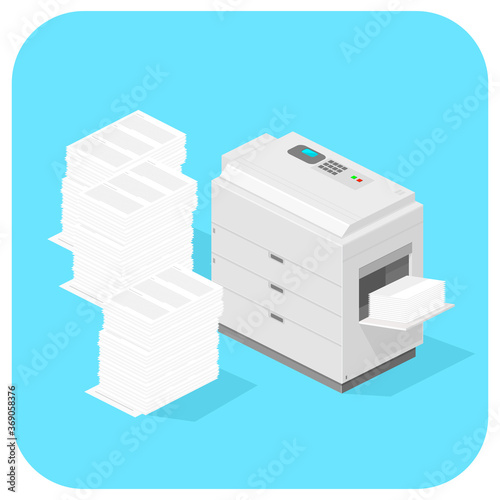 Isometric Photocopier Surrounded by Stacks of Messy Paper Icon - Vector Illustration