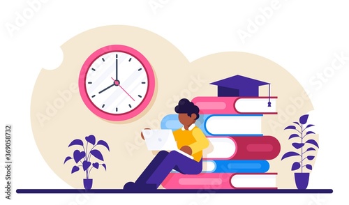 Online education concept. Student with a laptop studies the material over the Internet. Modern flat vector illustrtion.