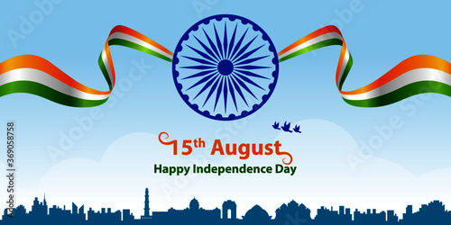 Happy Independence Day India with tricolor flag greeting vector graphic layout.  15th August template for brochure, flyer, poster, web, print media.