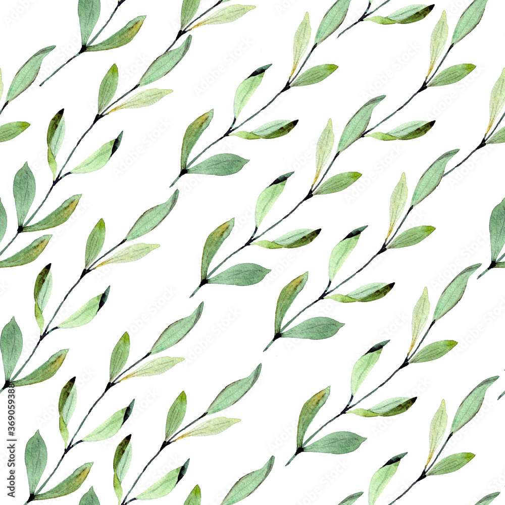 Watercolor pattern with geen leaves - obrazy, fototapety, plakaty 