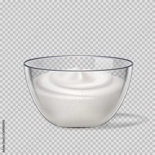 White cream in glass bowl, yoghurt, mayonnaise or sour cream, vector dairy products, element for design and packaging.
