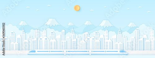 Electric high-speed train, transportation, Cityscape, Landscape, Building, mountain with blue sky and sun, paper art style