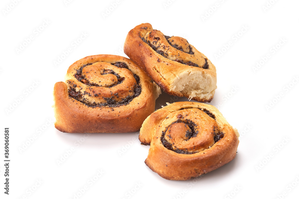 Homemade cream roll with strawberry jam. Isolated on white background.