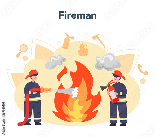 Fireman concept. Professional fire brigade firhting with flame. © inspiring.team