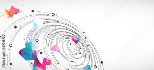 Colorful abstract swirling background with dots and geometric objects.